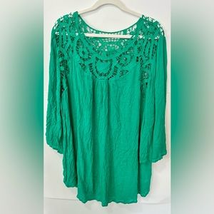 Roaman’s Womens Doily Top Size 22W 3/4 Draped Sleeve Gauze Beachy Coverup Green